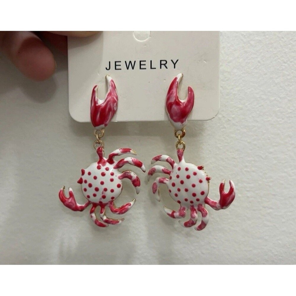 Pink White Polka Dot Ocean Crab Dangle Earrings Enamel Beach Jewelry NEW